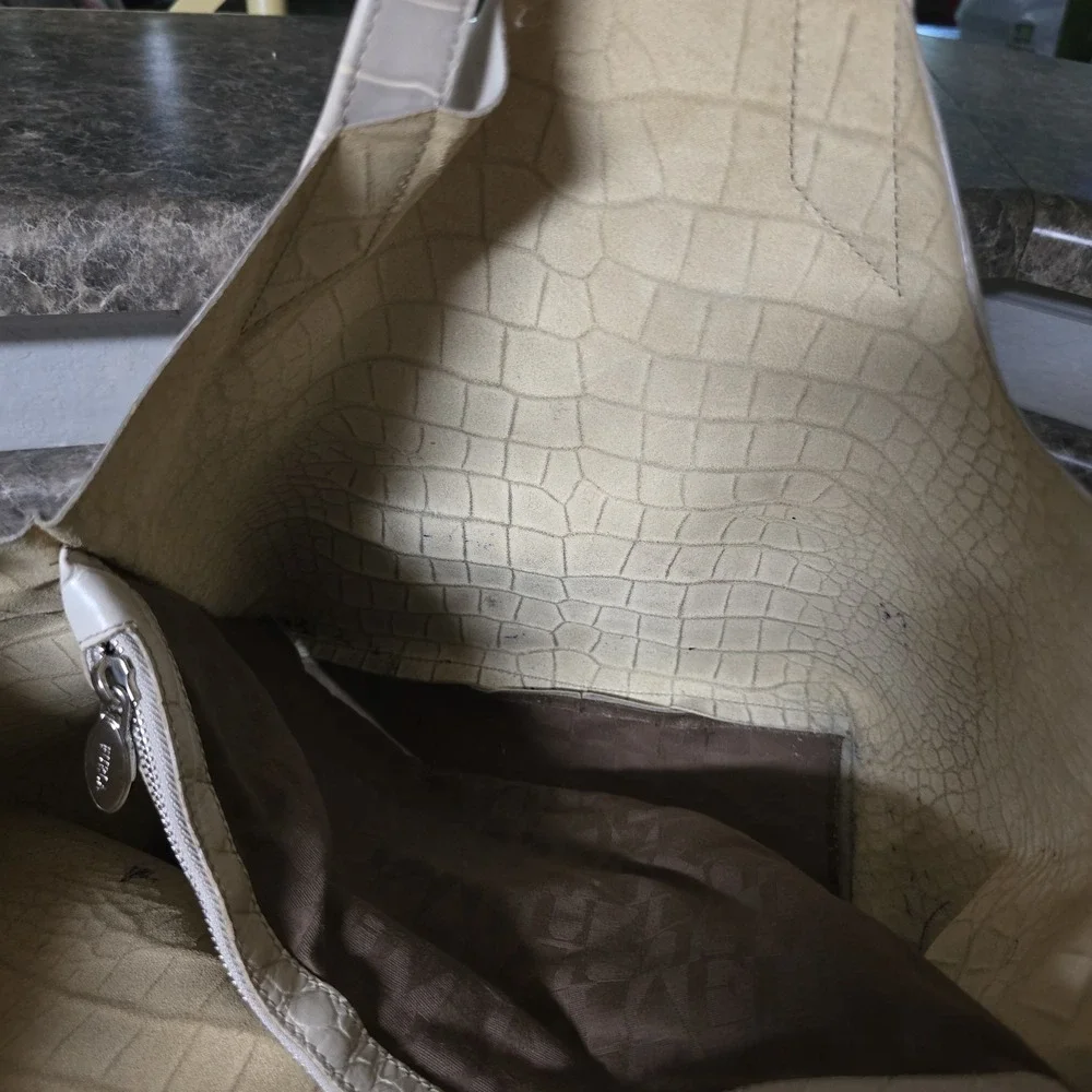 Furla Croc Embossed Leather Tote Bag Large Ivory Cream Italy Shoulder Shopper...